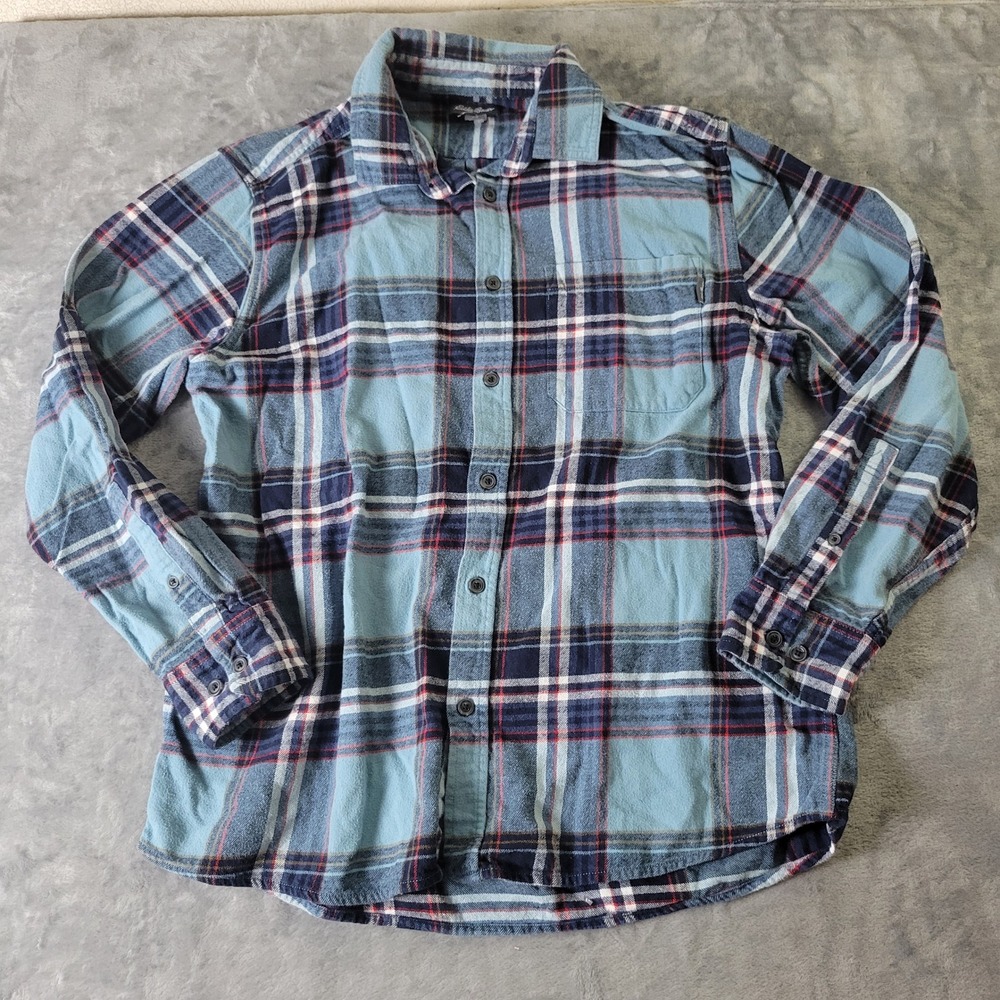 Eddie Bauer Blue Plaid Flannel Shirt L Heritage Prep Americana Outdoor Rugged